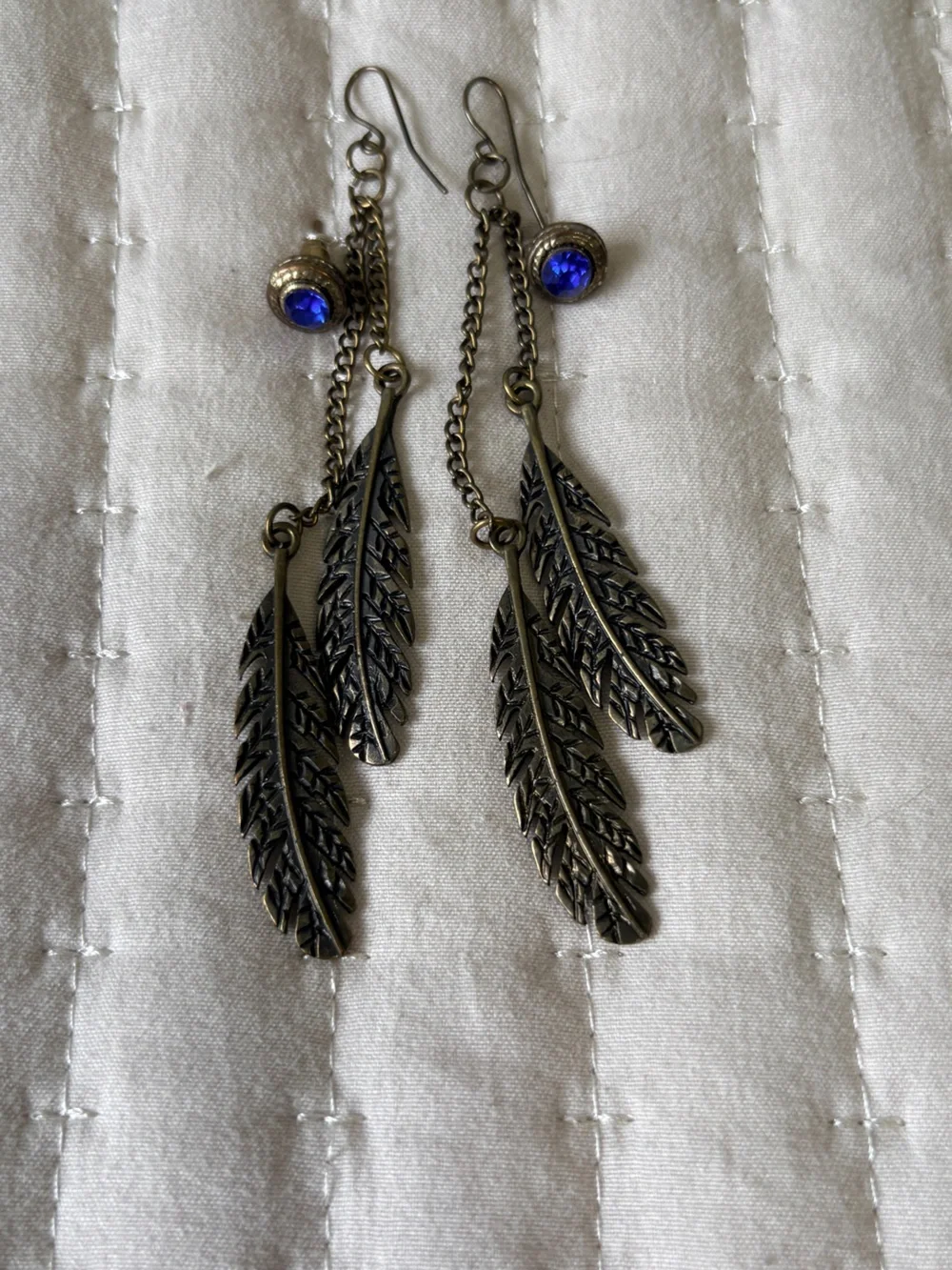 Boho Bundle: Bronze Feather Dangle Chain Earrings and Blue Rhinestone Studs Set